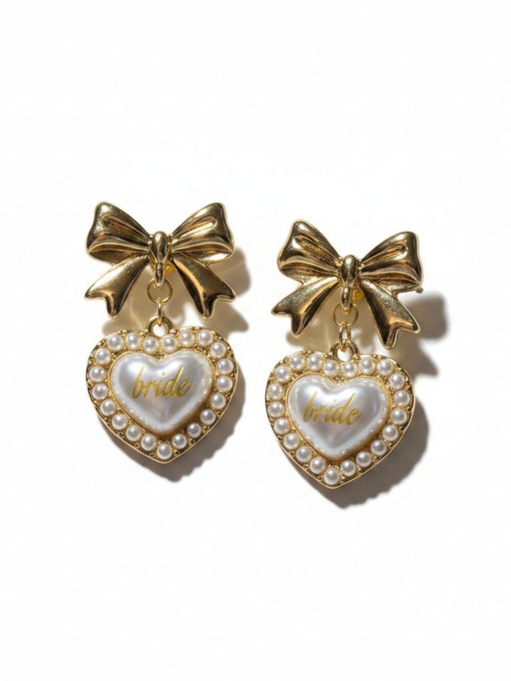 Gold Tone Bride Heart Faux Pearl Bow‎ Drop Earrings Wedding Bridal Jewelry